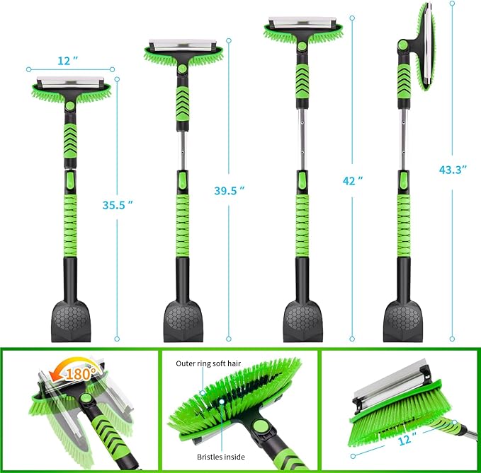 43.3'' Snow Shovel & Snow Brush with Ice Scrapers for Car Windshield,5-in-1 Extendable Thicken Aluminum Tube,180° Pivoting Brush Head & Foam Grip for Christmas, Cars, Trucks, SUVs, Vehicle（Green