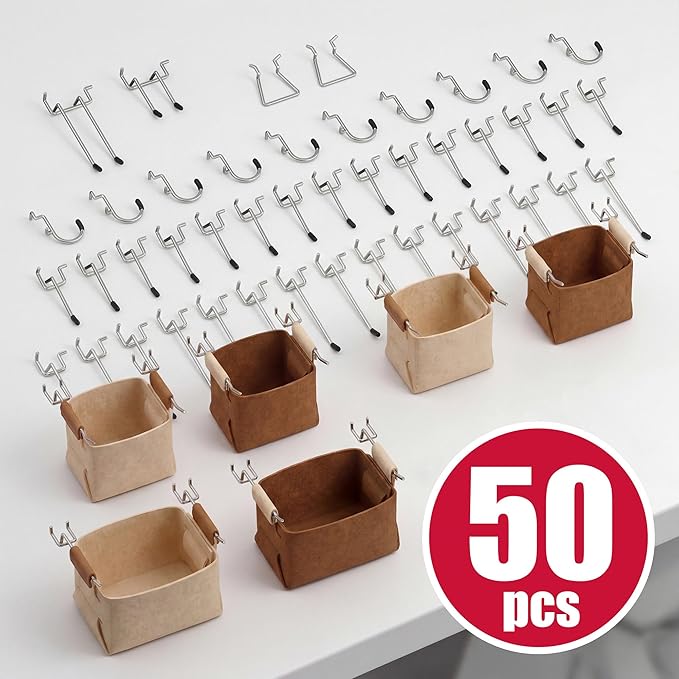 Spampur Peg Board, 4 Pack Metal PegBoard Organizer with Accessories, White Pegboard Panels with 50 Pcs Hooks and Baskets, Wal