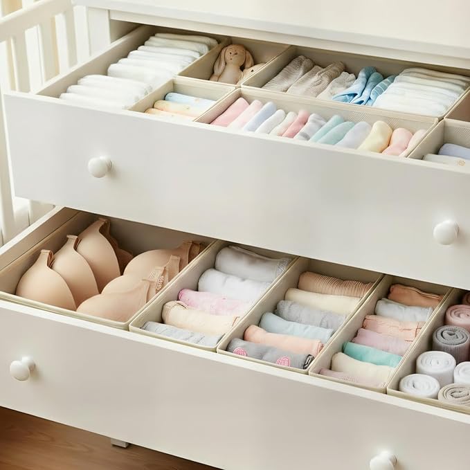 Drawer Organizer Set 4 Pack - Foldable 11" Fabric Storage Bins with Zipper Bottom for Underwear Socks Bras Baby Clothes - Clo