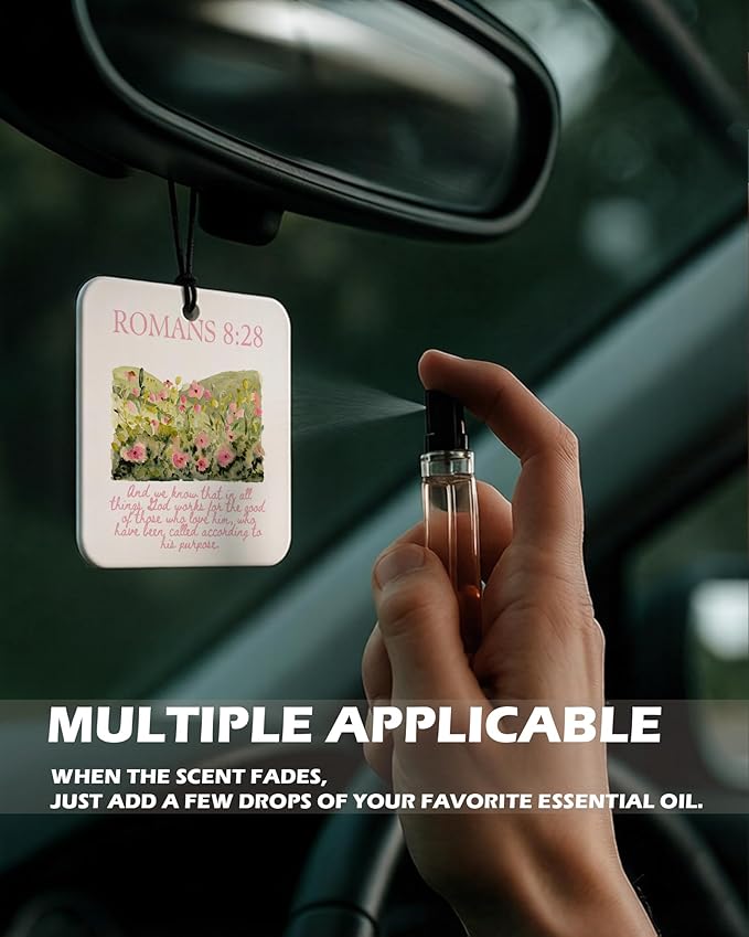 Pink Christian Square Citrus Car Air Freshener 4 Pcs, Preppy Floral Religious Bible Verse Hanging Air Freshener for Cars Bath