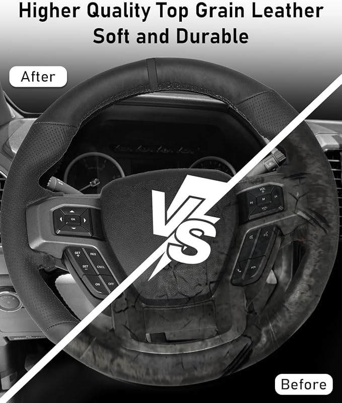 Belinous Leather Steering Wheel Cover Lace Up, Hand-Stitch on Wrap, Steering Wrap Compatible with Ford 2015-2020 F-150/2017-2021 F-250 F-350 F-450 F-550/2020-2021 F-600/2021 F-650 F-750 (Black)