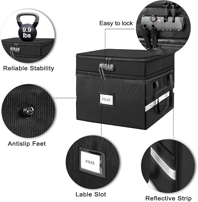 2 Layer Fireproof Document Box with Lock, File Box Water-Resistant File Organizer File Cabinet, Portable File Organizer Docum
