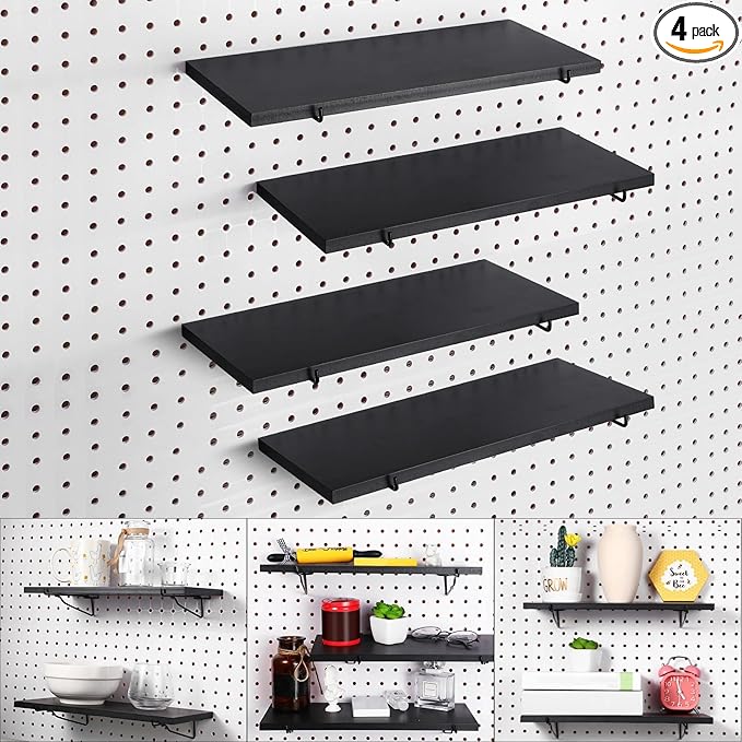 Blulu 4 Set Large Pegboard Shelf Kit Fiberboard peg Board Shelving Storage Brackets Stain Resistant Peg Board Organizer Shelv