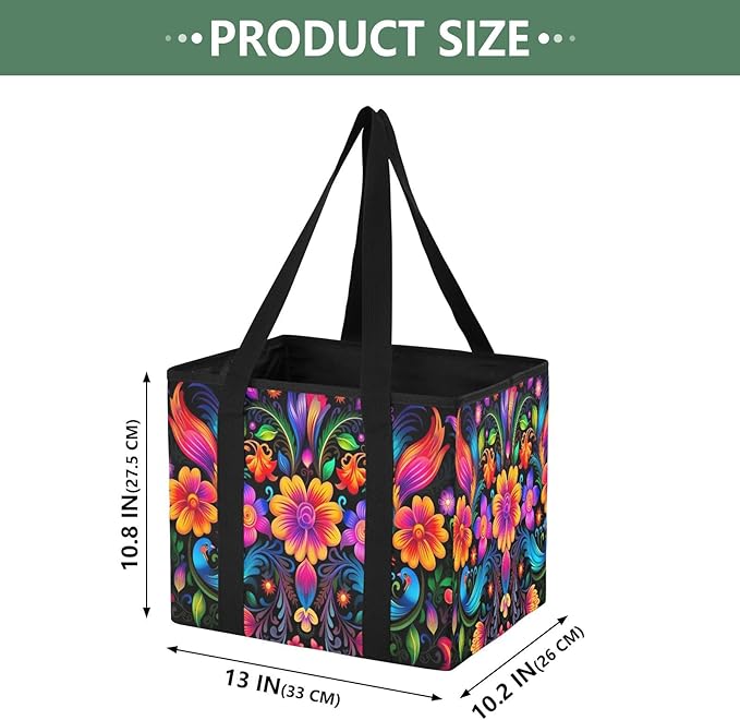 Colorful Mexican Floral Reusable Grocery Bags Large Shopping Tote Bag with Reinforced Bottom Board, Water Resistant Foldable 