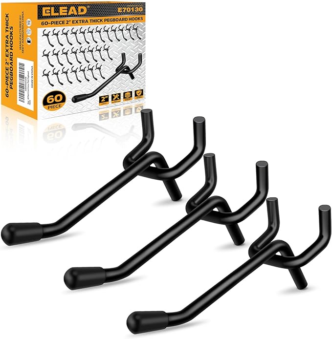 ELEAD 60-Piece 2 Inch Extra Thick Pegboard Hooks, Heavy Duty Peg Board Organizer Accessories, Peg Board Tool Hangers Fit for 