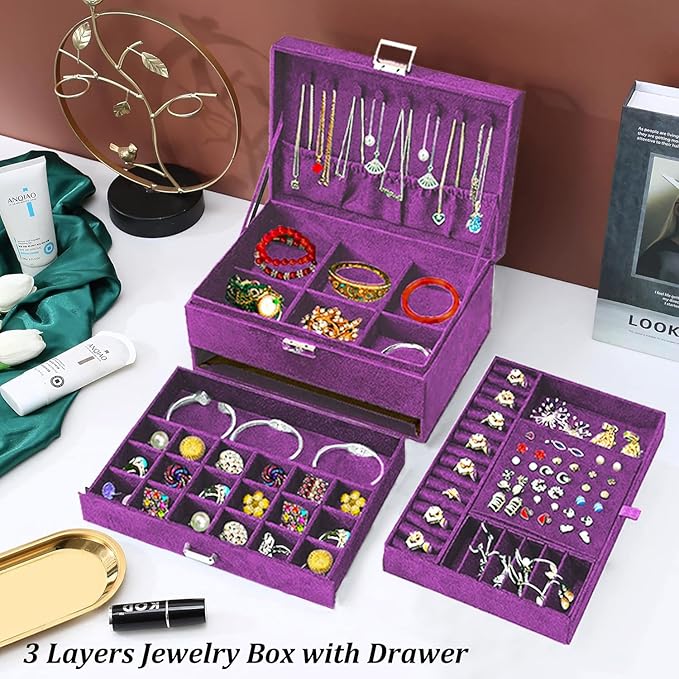 QBestry 3-Layer Jewelry Box for Women with Lock and Key & Drawer, Large Jewelry Organizer with 8 Necklace Hooks & 56 Earring 