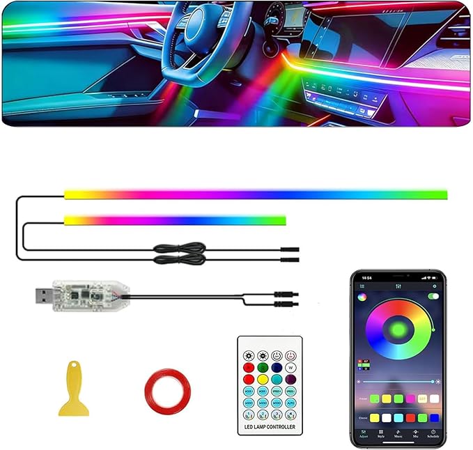 Ambient Lighting Car Led Lights Interior,57in USB Dreamcolor 2 in 1 Acrylic Neon Flexible Strip Fiber Optic LED Ambient Lighting Kits with Remote APP, RGB Music Lights Sync for Inside car Decorations