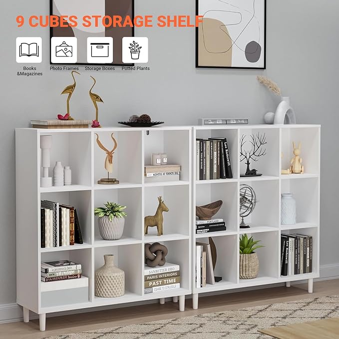 9 Cube Storage Organizer | White Bookshelf|3 Shelf Bookcase |Long Bookshelf| -Cubic Storage Cabinet（Storing Books,Toys & More