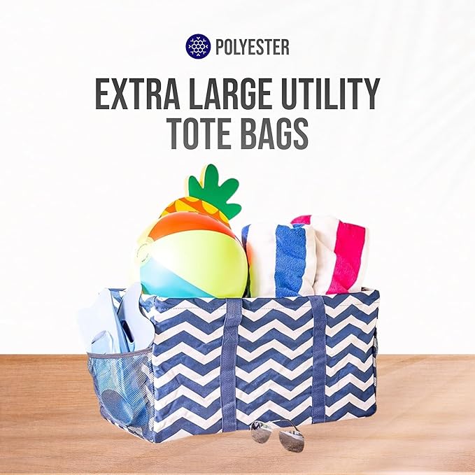 Extra Large Utility Tote Bag, Oversized Collapsible Reusable Wire Frame Rectangular Canvas Basket With Two Exterior Pockets For Beach, Pool, Laundry, Car Trunk, Storage - Chevron Navy