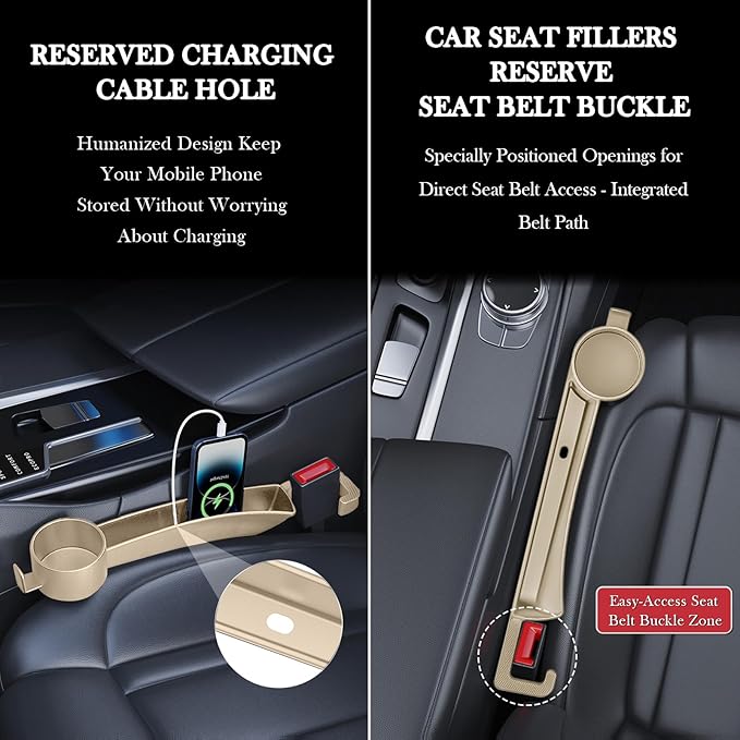 Car Seat Gap Filler Set of 2, Upgraded Car Side Seat Gap Fillers with Organizer, Cup Holder & Hook Function, Inserts Between Front Seats Console Catcher 4in1 Gap Stopper Fill Plug Storage Box (Beige)