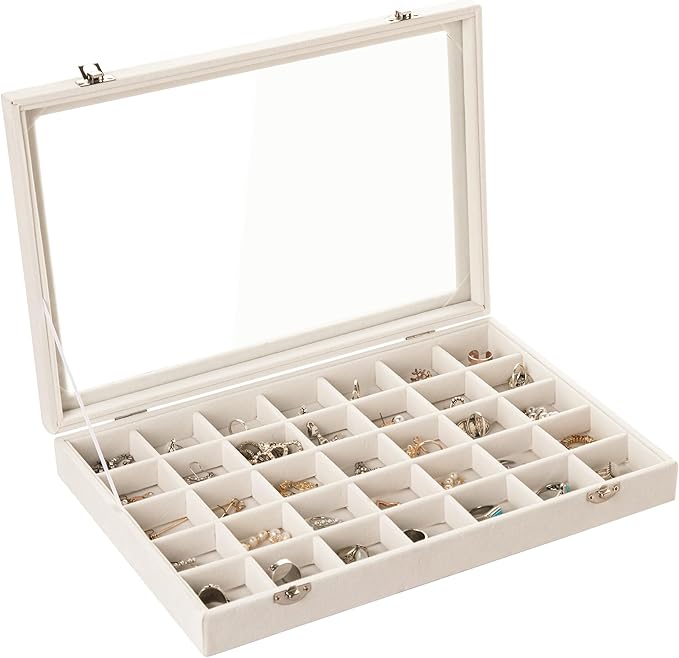 Frebeauty Velvet Jewelry Tray,35 Grid Jewelry Organizer with Clear Lid,Earring Holder Organizer Case with Clasp,Drawer Insert