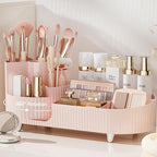 Pink Rotating Vanity Organizer with Brush Holder - Large Spinning Cosmetic Storage, Countertop Makeup & Skincare Organizer, P