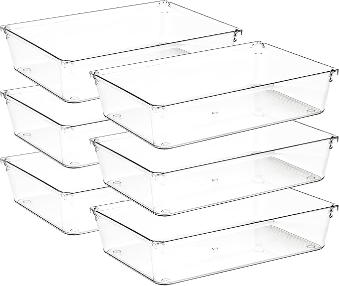 6 Pack Drawer Organizer - 6" X 9" Clear Acrylic Storage Bins with Non-Slip Pads, Versatile Desk Tray for Makeup, Jewelry, Kit