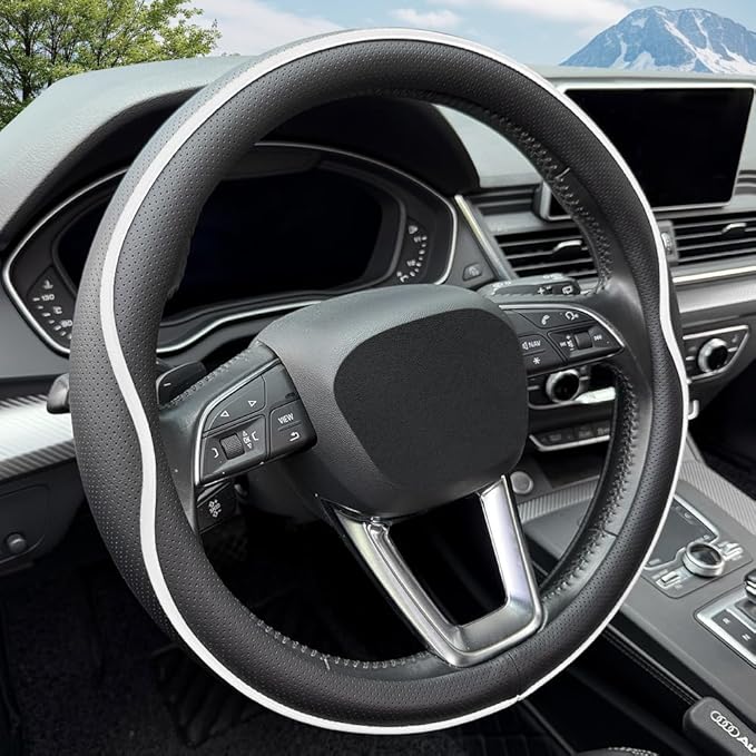 HAOTULE Leather Steering Wheel Cover， with Anti-Slip Stripe Design - Enhanced Grip, Fashion Style, Safe, Non-Slip, Breathable