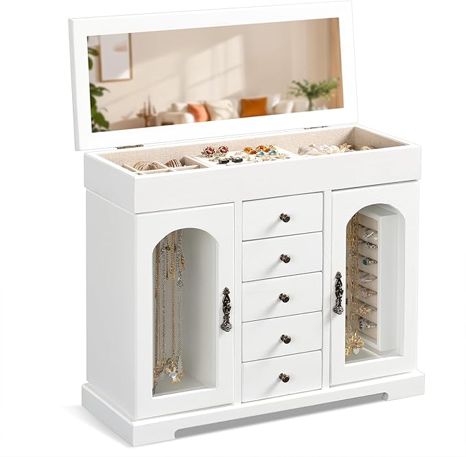 Miratino Jewelry Box for Women Girls, Wooden Jewelry Organizer Box with Mirror, 5 Layer Jewelry Storage Case Display for Neck