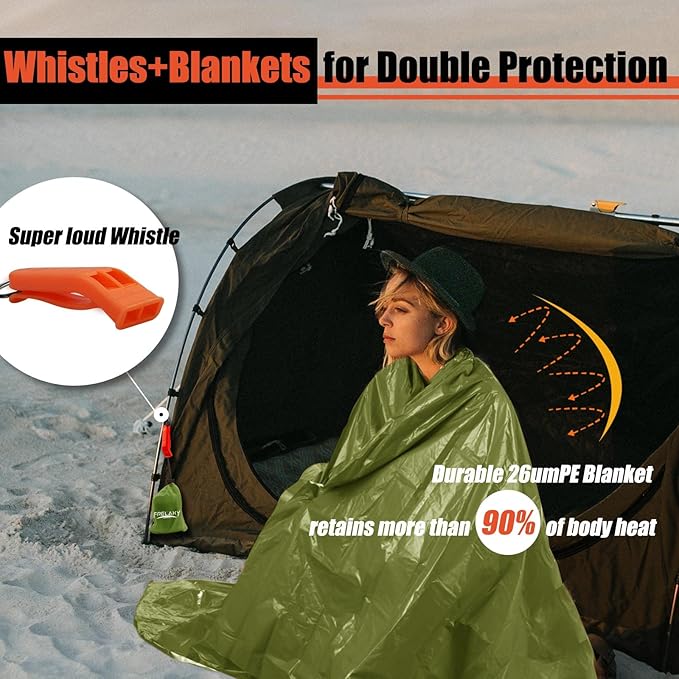 Frelaxy Emergency Blanket 2-Pack/4-Pack, Extra-Thick Extra-Large Space Blankets with Whistles, Storage Pouchs, and EVA case, 