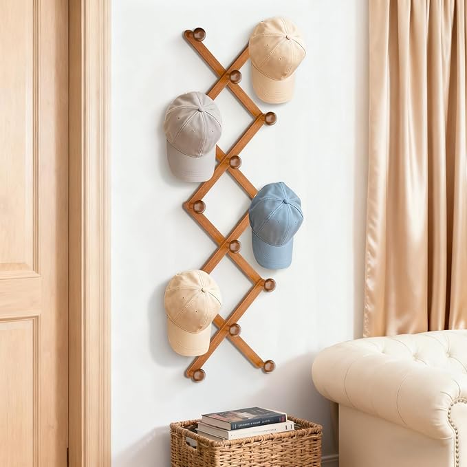 WGFKVAS Hat Rack for Wall with 14 Hooks, Solid Wooden, Expandable Coat Rack Wall Mount for Coats, Hats, Bags, Baseball Caps, 