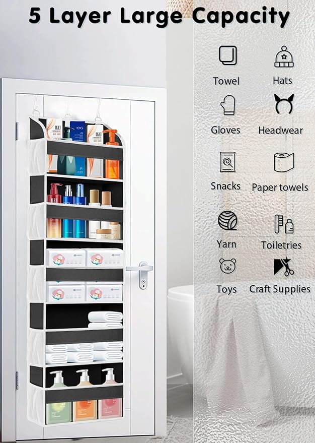 TAHAVICE 1 Pack Over The Door Organizer Storage, Hanging Organizer Closet with 5 Large Pockets 10 Mesh Pockets, 44 lbs Weight