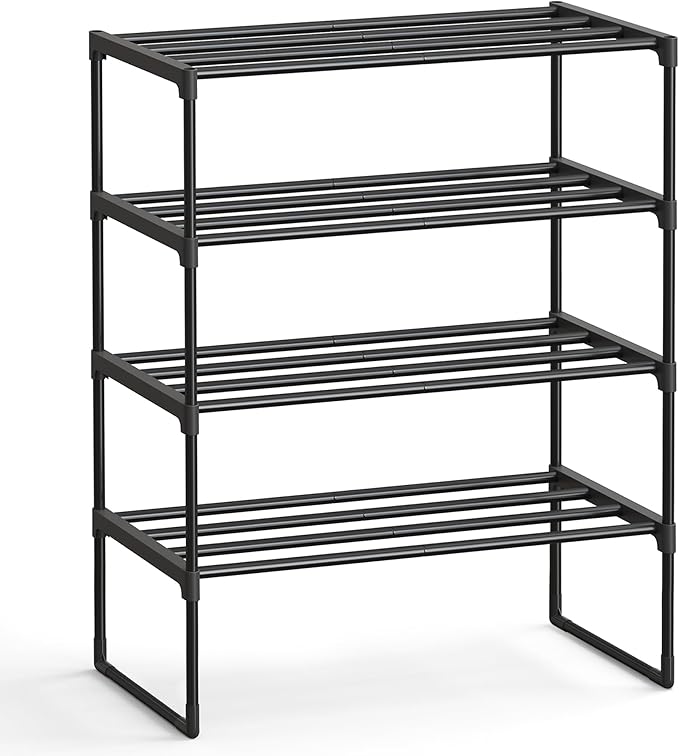 SONGMICS Shoe Rack, 4-Tier Shoe Organizer, Metal Storage Shelf, Upright or Upside Down, for 10-15 Pairs, Stackable, for Entry