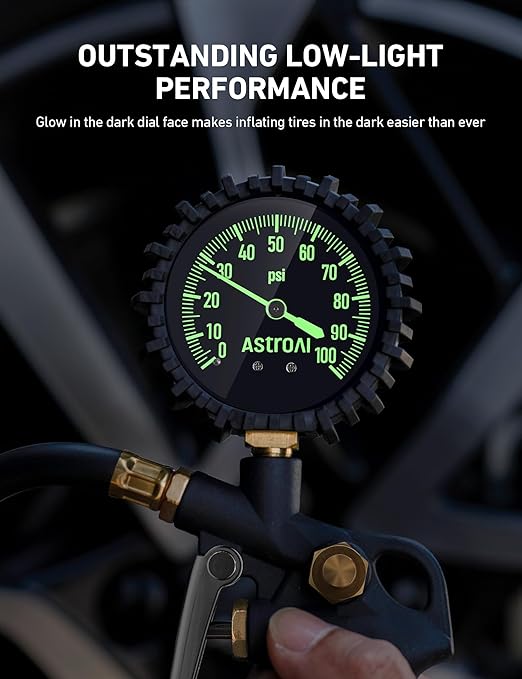 AstroAI Tire Pressure Gauge with Inflator, 100 PSI-ANSI B40.1 Accurate, Large 2.5" Easy Read Glow Dial, Heavy Duty Air Chuck and Compressor Accessories with Rubber Hose and Quick Connect Coupler