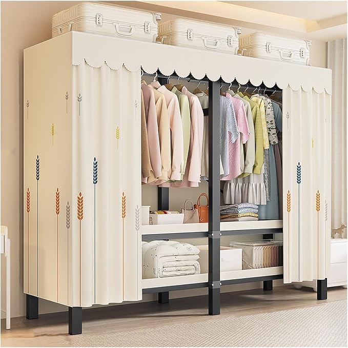 Portable Foldable Wardrobe Closet with Cover, 1200lbs Garment Rack for Hanging Clothes, Enclosed Coat Storage Organizer with 