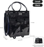 Reusable Grocery Bag On Wheels Shopping Trolley with 8 Pockets and Zipper Cover Foldable Rolling Tote, Heavy Duty Handles, Carries Up to 22 LBS (Small, Black)
