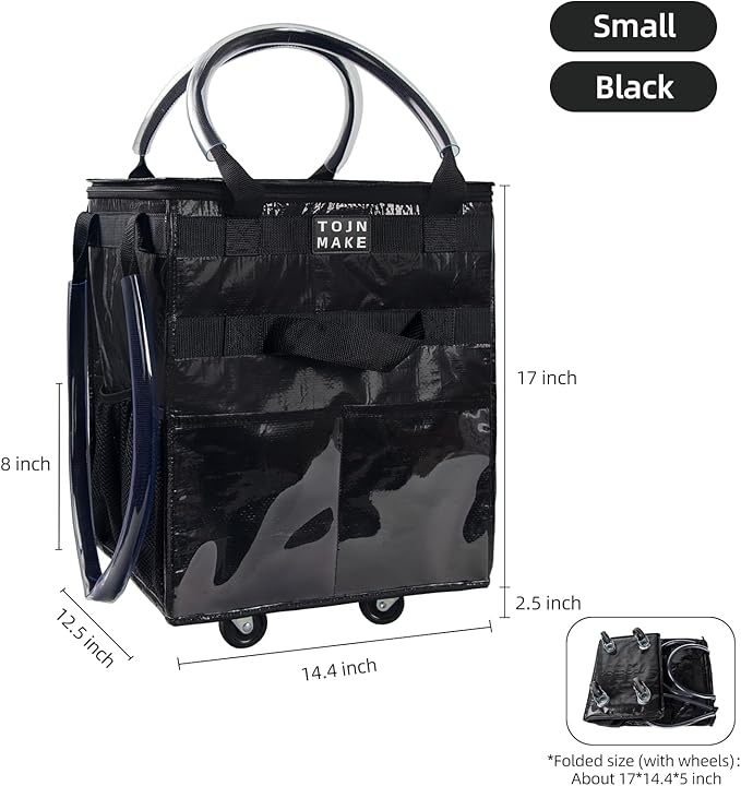 Reusable Grocery Bag On Wheels Shopping Trolley with 8 Pockets and Zipper Cover Foldable Rolling Tote, Heavy Duty Handles, Carries Up to 22 LBS (Small, Black)