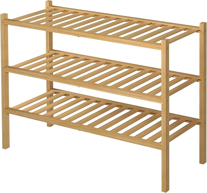 ROMGUAR CRAFT 3 Tier Bamboo Shoe Rack for Closet Free Standing Wood Shoe Shelf Storage Organizer for Entryway Small Space Sta