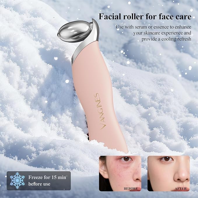 3-in-1 Ice Roller for Face & Eyes – Cooling Facial Roller, Pore Cleansing Tool with 2 Silicone Brushes, Stainless Steel Roller for Puffiness & Pores (Pink)