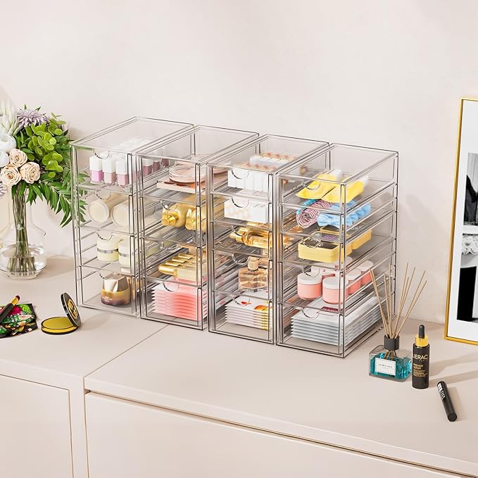 YFXCVSL Acrylic Makeup Organizer with 31 Drawers, 6 Pack Clear Storage Drawers, Bathroom Makeup Organizer for Palettes, Cosme