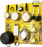Wall Control Kitchen Pegboard Organizer Pots and Pans Storage Rack Organization Kit with Yellow Pegboard and Blue Accessories