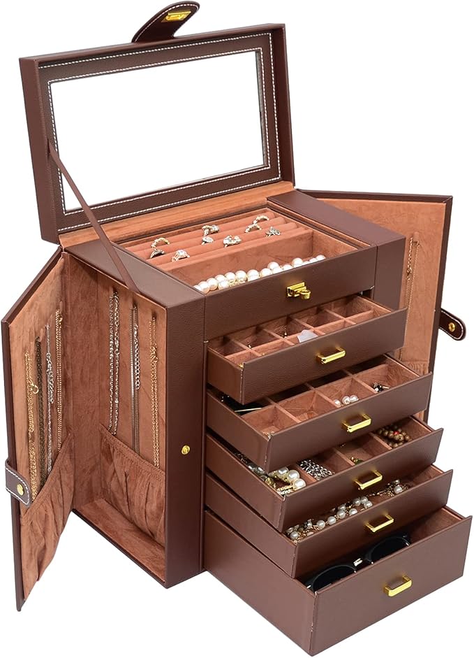 AKOZLIN Extra Large 6-Tier Jewelry Box Organizer with Mirror, 5 Drawers Leather Jewelry Storage Case for Women Girls Ring Nec