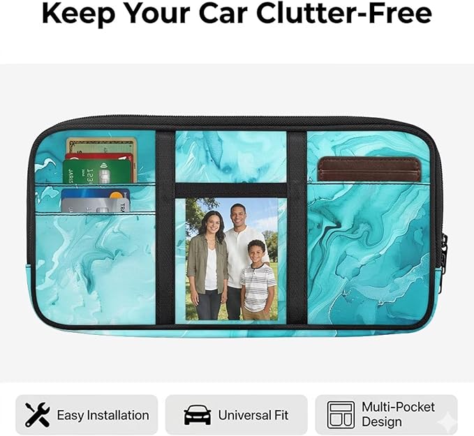 Green Marble Car Sun Visor Organizer, Auto Interior Visor Storage Pouch Holder with Zipper, Multi-Pocket Visor Organizer Storage Universal Cars Accessories for Card, Document