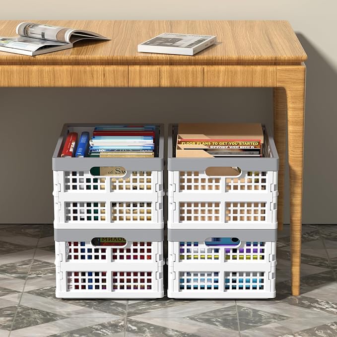 4 Packs 15 Liter Small Collapsible Heavy Duty Storage Bin/Container, Plastic Stackable Utility Folding Crate Basket, White
