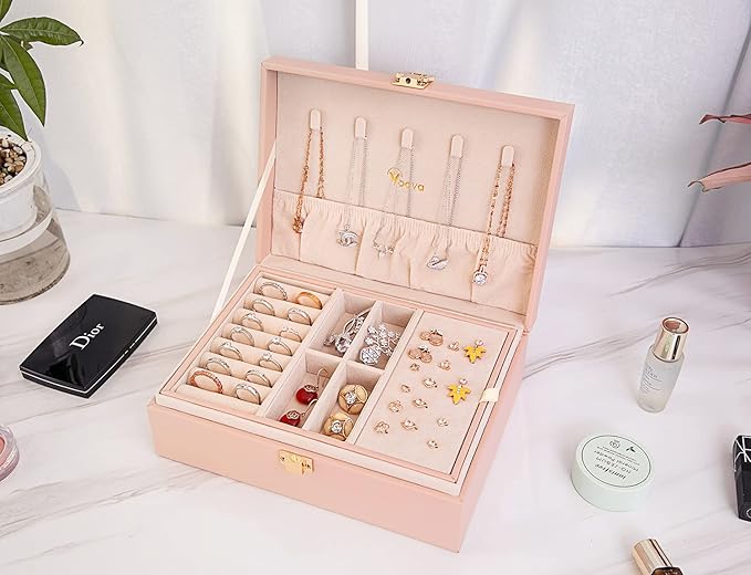 Voova Jewelry Box Organizer for Women Girls, 2 Layer Large Men Jewelry Storage Case, PU Leather Display Jewellery Holder with