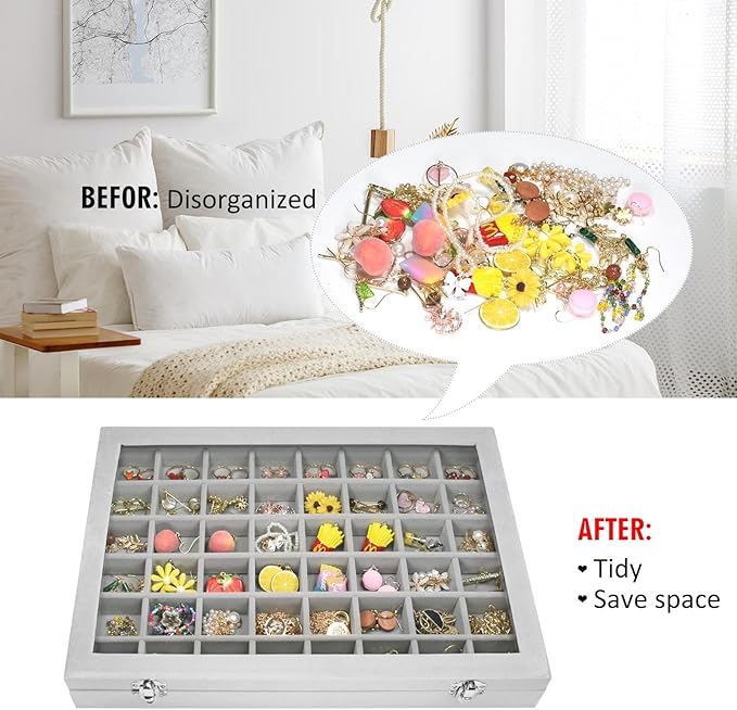 Vicoter Velvet Jewelry Tray 48 Compartments Jewelry Display Organizer with Transparent Cover Rings, Earrings, Necklaces, Pend