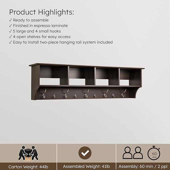 Prepac 60" Contemporary Wall Mounted Coat Rack, Coat Hooks Wall Mount with 4 Shelves, Ideal for Hallway or Entryway Storage S