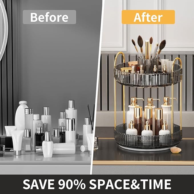 360° Rotating Makeup Organizer, Large-Capacity Skincare Make Up Storage 2 Tier Perfume Organizers Cosmetic Dresser Organizer 