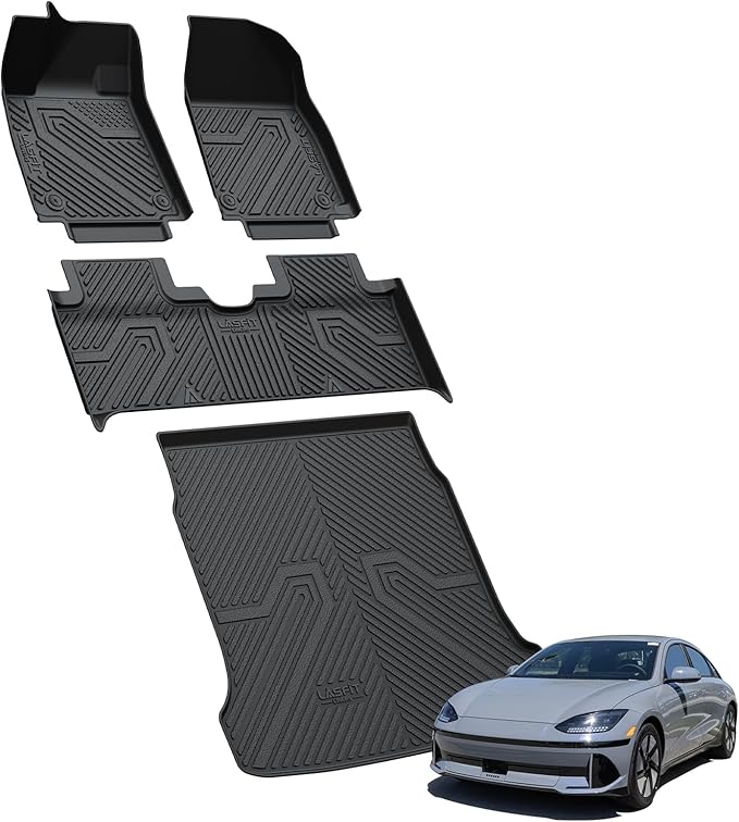 LASFIT Floor Mats & Cargo Mats Fits for Hyundai Ioniq 6 2025 2024 2023, All Weather TPE Custom Fit Floor Liners for 1st and 2nd Rows Car Mats & Trunk Mats, Black