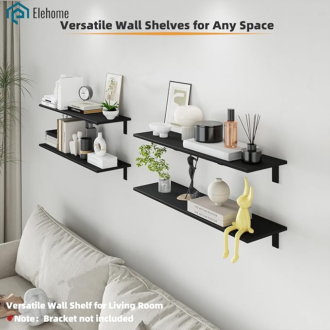 Floating Shelf Board for Wall 5/8" – No Brackets – 36" L x 10" W x 0.6" T Black Melamine Wood Floating Shelves for Bathroom, 