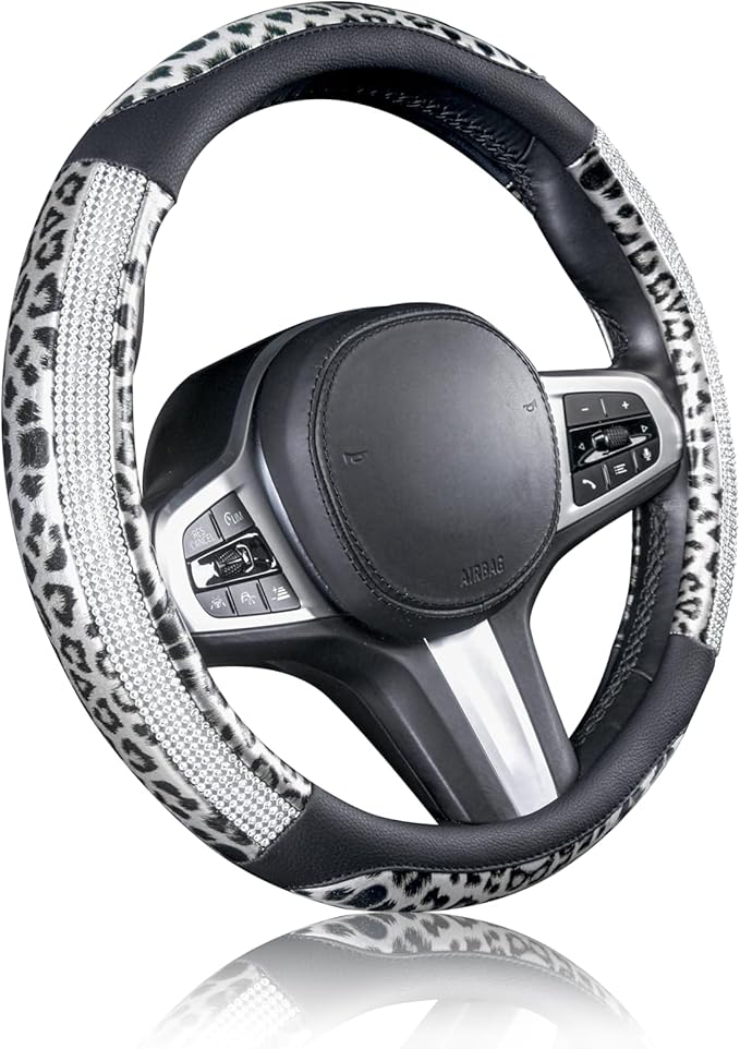 AUTOYOUTH Leopard Steering Wheel Cover - Bling Crystal Rhinestones Cheetah Print on Leather Non-Slip Breathable Design for Wo