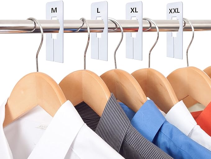 40 Pack Rectangular White Plastic Clothing Size Closet Rack Dividers Hangers, Preprinted in 8 Sizes XXS, XS, S, M, L, XL, XXL