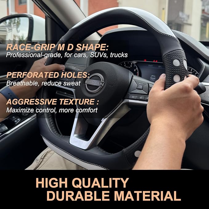 PINCTROT D Shaped Race Grip Steering Wheel Cover, Anti Slip Silicone Perforated Design with Soft Touch Padding, Enhanced Grip for Sporty Driving Flat Bottom 14.5-15 Inch (Racing White)