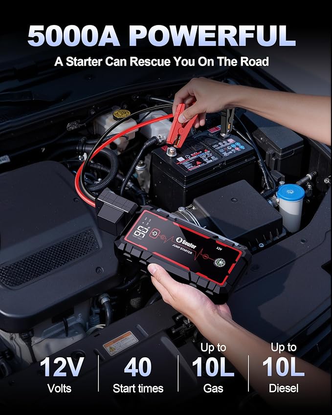 Jump Starter, Battery Jumper Starter Portable, Car Battery Jump Starter with 3 Modes Flashlight, Compass, Power Bank and