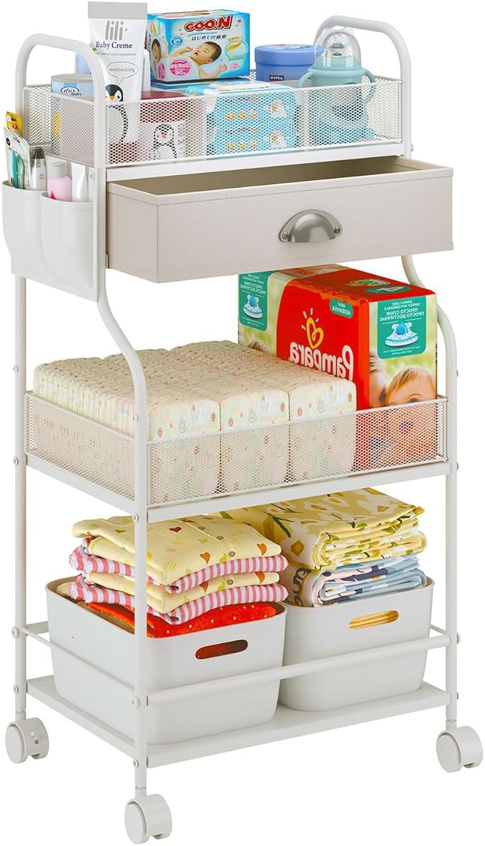 Baby Diaper Caddy Cart Organizer -3 Tier, Bedside Nursery Essentials Organizer & Storage Holder for Newborn Baby Stuff, 2+1 D
