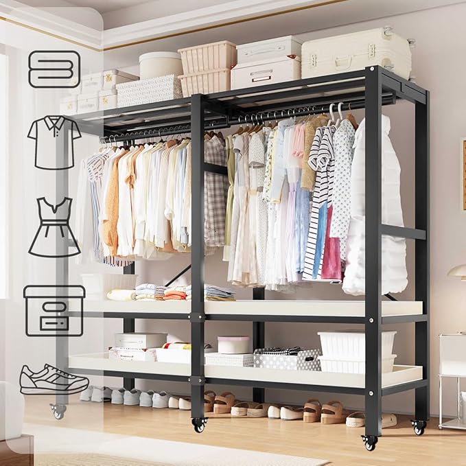 YTLEMON Heavy Duty Wardrobe Closet with Cover, Metal Rolling Clothes Rack, Foldable Portable Closet Organizer System Freestan