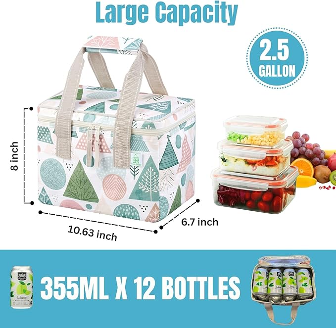 VENO 2 Pack Cooler Bag, Insulated Grocery Bags, Collapsible Cooler, Reusable Shopping Bags for Groceries, Water Resistant, Zippered, 2.5 Gallon (Pastel Forest)