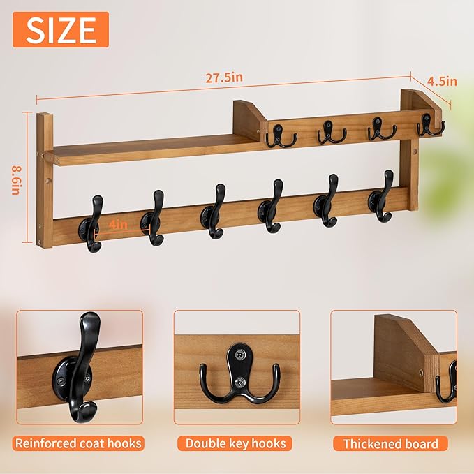 Coat Rack Wall Mount with Shelf, 27.5" Entryway Wall Hanging Shelf, Coat and Key Hanger with 10 Dual Hooks, Mail Organizer an