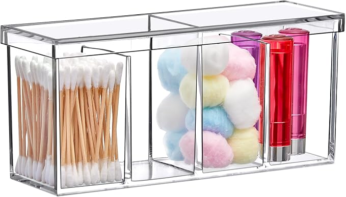 Amazing Abby - Qutie - Acrylic 4-Compartment Makeup Organizer with Lid, Clear Plastic Bathroom Vanity Organizer, Great for Co