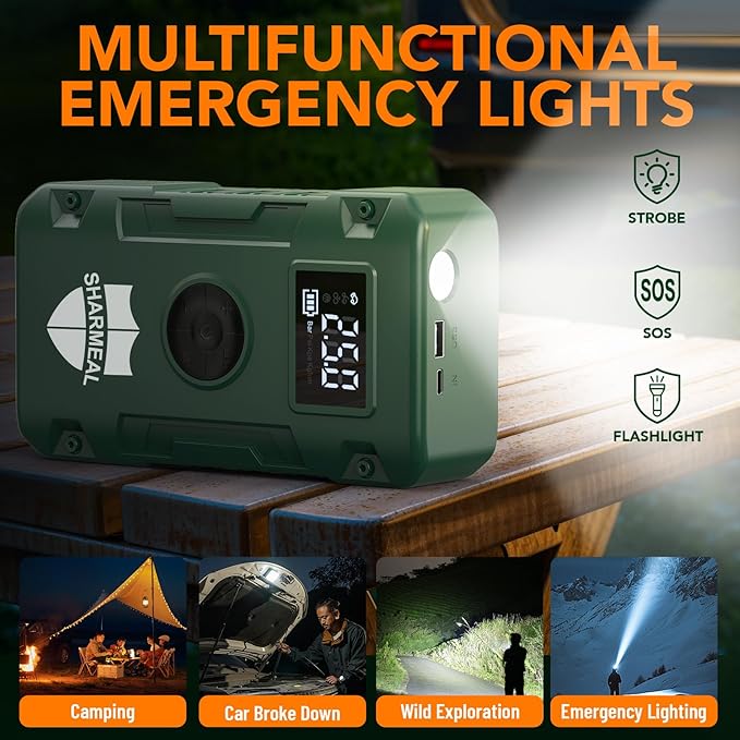 Sharmeal Jump Starter 6000A,12V Car Battery Jump Starter with Air Compressor (Up to All Gas or 10.0L Diesel Engine), Battery Booster with 3 Modes Flashlight and Jumper Cable
